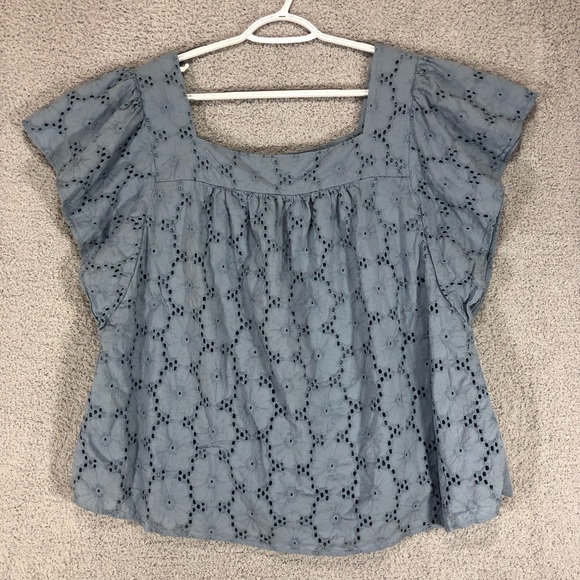 Lane Bryant Tops - Lane Bryant Blue Eyelet Blouse Size 18/20 Boho Cottagecore Flutter Sleeve Cotton